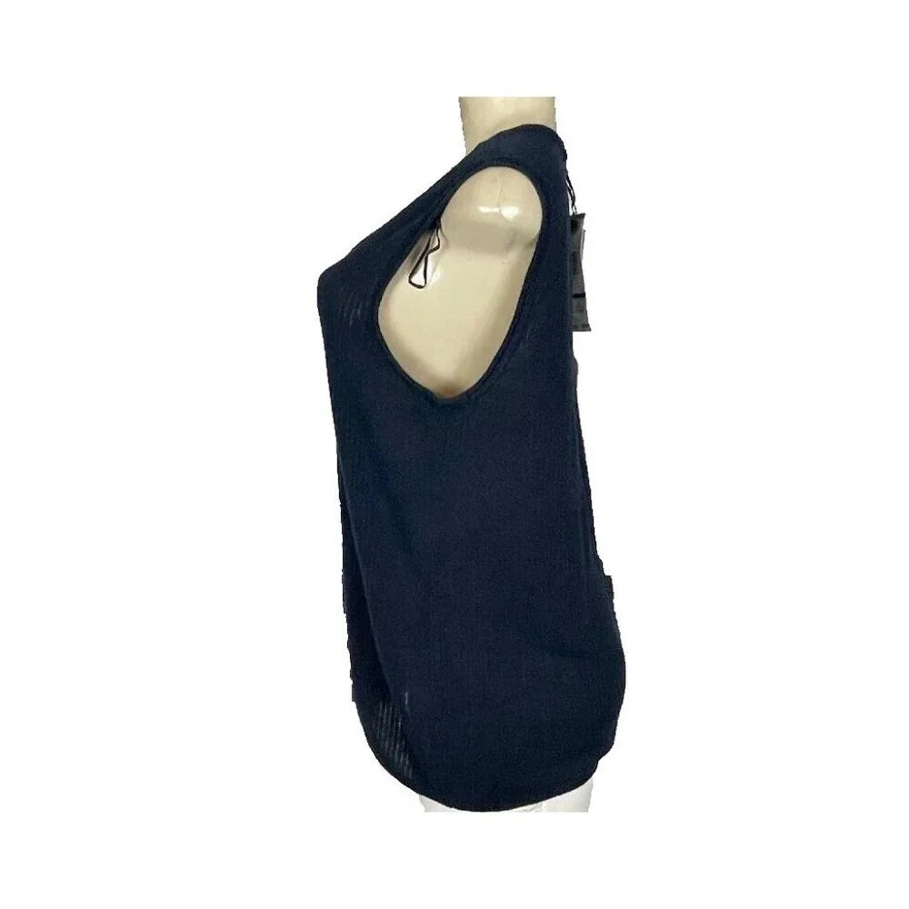 Jones New York L Navy Blue Scoop Neckline Ribbed Trim Linen Rayon Sleeveless Top - Picture 5 of 6